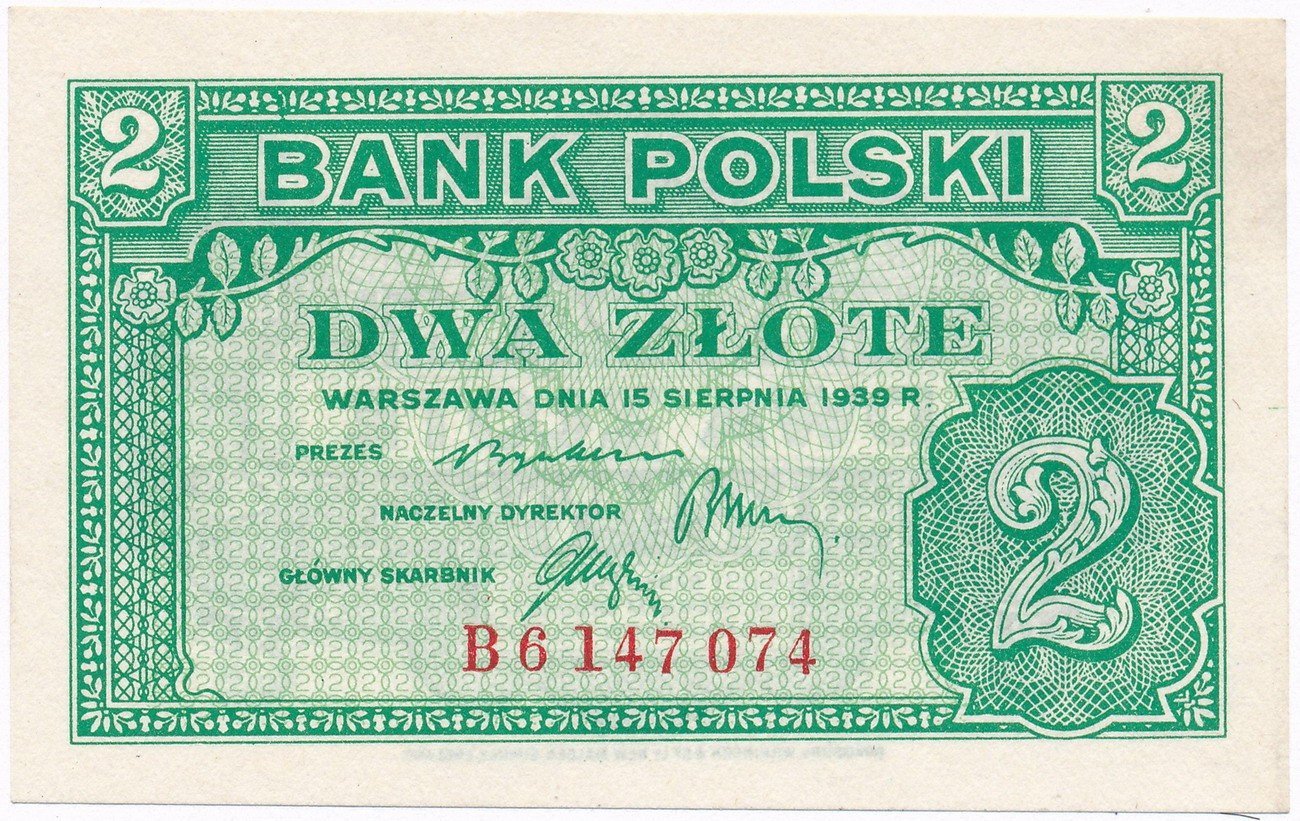 Banknot. 2 złote 1939 seria B UNC
